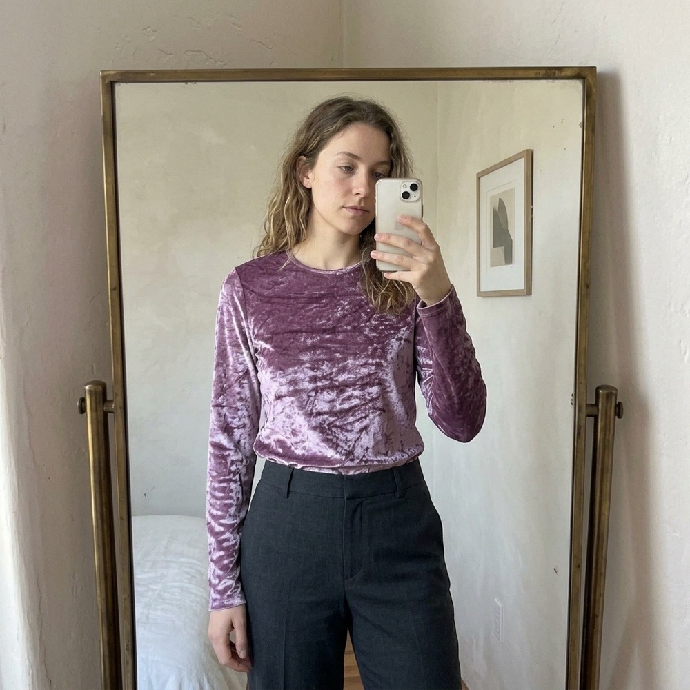 Vince Womens Top Large Pink Crushed Velvet Long Sleeve Crew Neck Luxe Minimalist